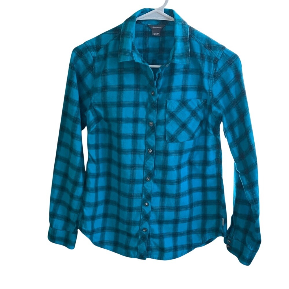 Eddie Bauer Womens XS Flannel Shirt Turquoise Black Plaid Button Down Cotton